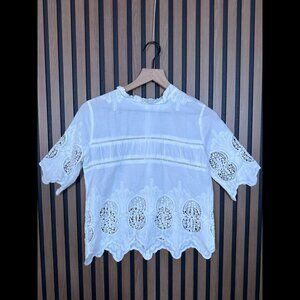 JOA LA Top Small Womens White Ruffled Mock Neck Half Sleeve Eyelet Knit Trim